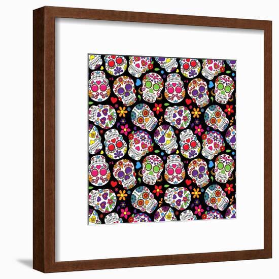 Day of the Dead Sugar Skull Seamless Vector Background-Pink Pueblo-Framed Art Print