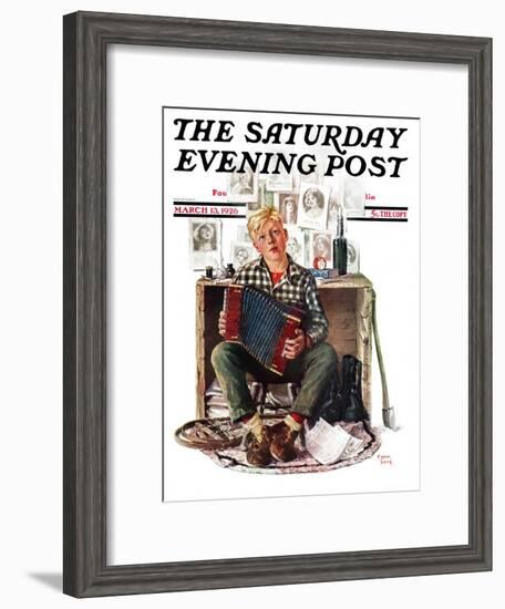 "Daydreaming Accordianist," Saturday Evening Post Cover, March 13, 1926-Eugene Iverd-Framed Giclee Print