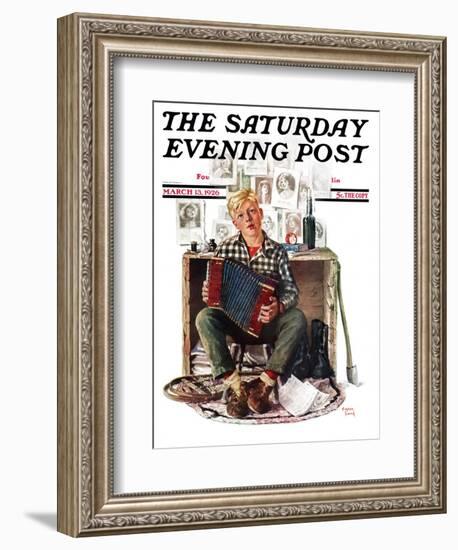 "Daydreaming Accordianist," Saturday Evening Post Cover, March 13, 1926-Eugene Iverd-Framed Giclee Print