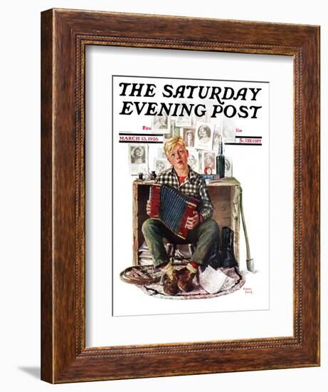 "Daydreaming Accordianist," Saturday Evening Post Cover, March 13, 1926-Eugene Iverd-Framed Giclee Print