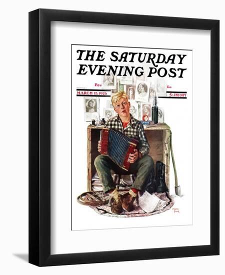 "Daydreaming Accordianist," Saturday Evening Post Cover, March 13, 1926-Eugene Iverd-Framed Giclee Print