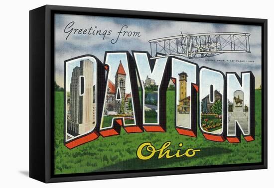 Dayton, Ohio - Large Letter Scenes, Wright Bros. Plane-Lantern Press-Framed Stretched Canvas