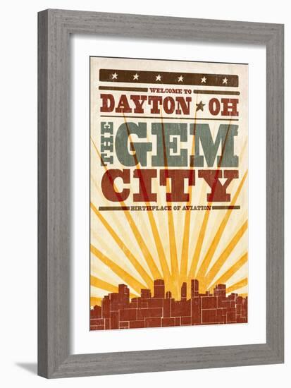 Dayton, Ohio - Skyline and Sunburst Screenprint Style-Lantern Press-Framed Art Print