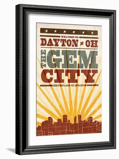 Dayton, Ohio - Skyline and Sunburst Screenprint Style-Lantern Press-Framed Art Print