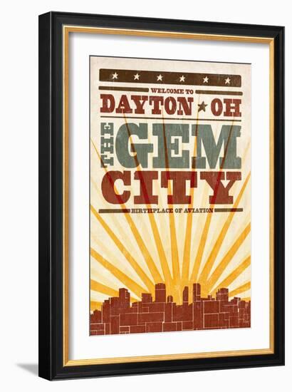 Dayton, Ohio - Skyline and Sunburst Screenprint Style-Lantern Press-Framed Art Print