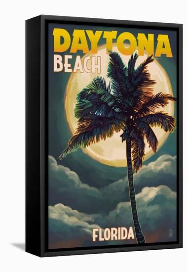 Daytona Beach, Florida - Palms and Moon-Lantern Press-Framed Stretched Canvas