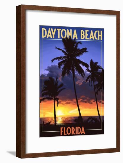 Daytona Beach, Florida - Palms and Sunset-Lantern Press-Framed Art Print