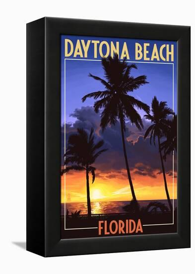 Daytona Beach, Florida - Palms and Sunset-Lantern Press-Framed Stretched Canvas