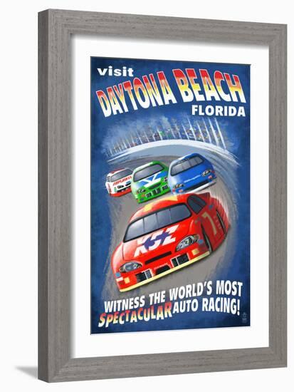 Daytona Beach, Florida - Racecar Scene-Lantern Press-Framed Art Print