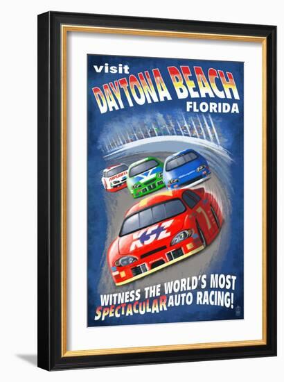 Daytona Beach, Florida - Racecar Scene-Lantern Press-Framed Art Print