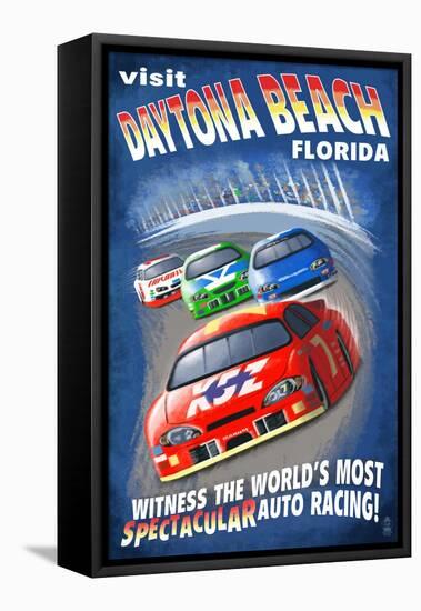 Daytona Beach, Florida - Racecar Scene-Lantern Press-Framed Stretched Canvas