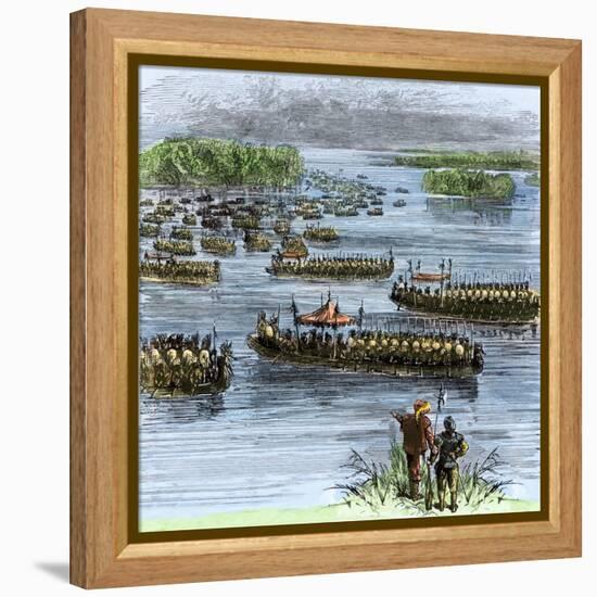 De Soto's Expedition Met by Chief Aquixo's Native Americans on the Mississippi River, c.1542-null-Framed Premier Image Canvas
