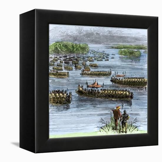 De Soto's Expedition Met by Chief Aquixo's Native Americans on the Mississippi River, c.1542-null-Framed Premier Image Canvas