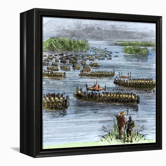 De Soto's Expedition Met by Chief Aquixo's Native Americans on the Mississippi River, c.1542-null-Framed Premier Image Canvas