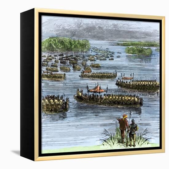 De Soto's Expedition Met by Chief Aquixo's Native Americans on the Mississippi River, c.1542-null-Framed Premier Image Canvas