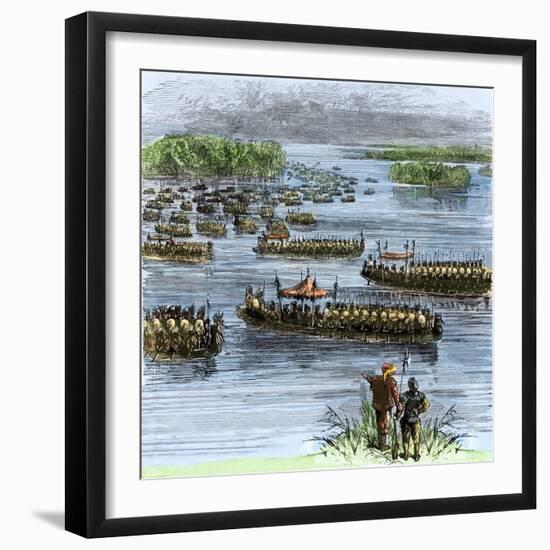 De Soto's Expedition Met by Chief Aquixo's Native Americans on the Mississippi River, c.1542-null-Framed Giclee Print