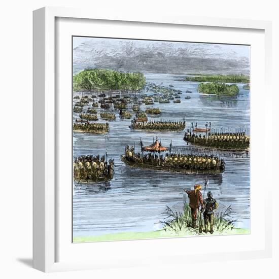 De Soto's Expedition Met by Chief Aquixo's Native Americans on the Mississippi River, c.1542-null-Framed Giclee Print