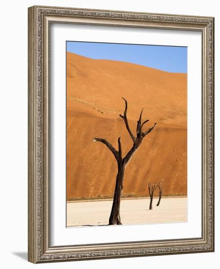 Dead Camelthorn Trees Said to Be Centuries Old Against Towering Orange Sand Dunes Bathed-Lee Frost-Framed Photographic Print