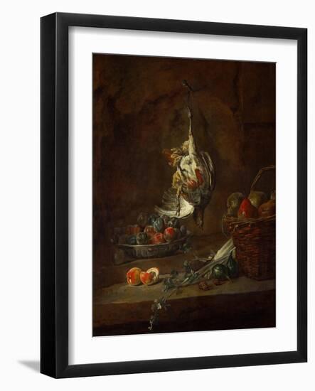 Dead Partridge Hung by One Leg, Bowl with Prunes, and a Basket with Pears, Around 1728-Jean-Baptiste Simeon Chardin-Framed Giclee Print