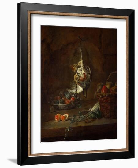 Dead Partridge Hung by One Leg, Bowl with Prunes, and a Basket with Pears, Around 1728-Jean-Baptiste Simeon Chardin-Framed Giclee Print