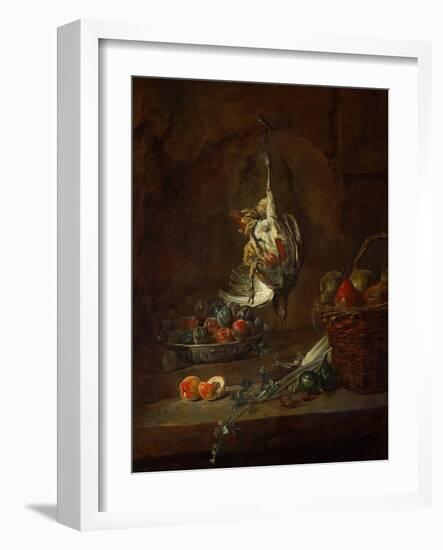 Dead Partridge Hung by One Leg, Bowl with Prunes, and a Basket with Pears, Around 1728-Jean-Baptiste Simeon Chardin-Framed Giclee Print