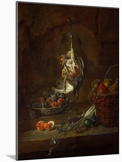 Dead Partridge Hung by One Leg, Bowl with Prunes, and a Basket with Pears, Around 1728-Jean-Baptiste Simeon Chardin-Mounted Giclee Print