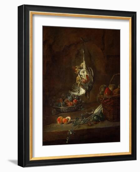 Dead Partridge Hung by One Leg, Bowl with Prunes, and a Basket with Pears, Around 1728-Jean-Baptiste Simeon Chardin-Framed Giclee Print