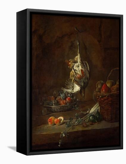 Dead Partridge Hung by One Leg, Bowl with Prunes, and a Basket with Pears, Around 1728-Jean-Baptiste Simeon Chardin-Framed Premier Image Canvas