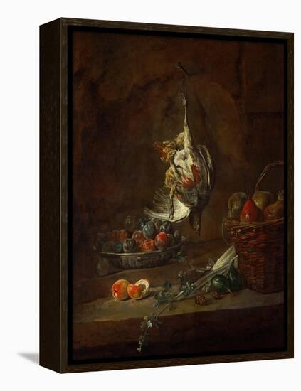 Dead Partridge Hung by One Leg, Bowl with Prunes, and a Basket with Pears, Around 1728-Jean-Baptiste Simeon Chardin-Framed Premier Image Canvas