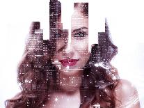 Double Exposure of a Beautiful Girl and Night Cityscape-Dean Drobot-Framed Premier Image Canvas