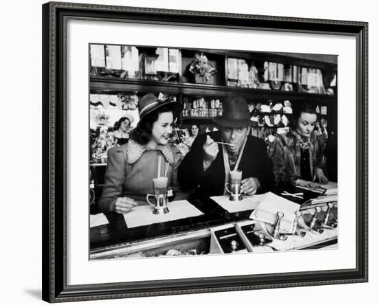 Deanna Durbin having Ice Cream Soda at Counter with Eddie Cantor During Visit to the City-Alfred Eisenstaedt-Framed Premium Photographic Print