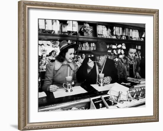 Deanna Durbin having Ice Cream Soda at Counter with Eddie Cantor During Visit to the City-Alfred Eisenstaedt-Framed Premium Photographic Print