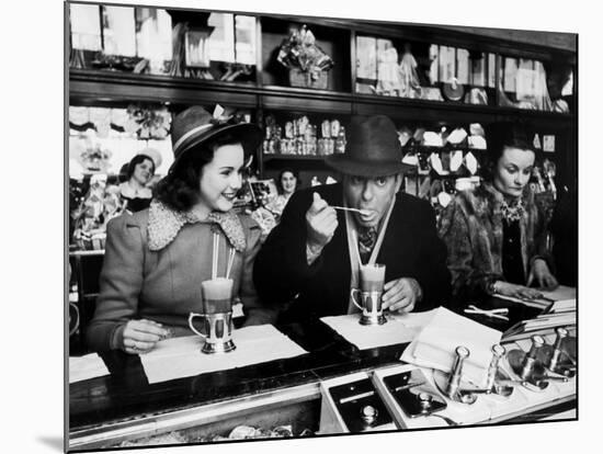 Deanna Durbin having Ice Cream Soda at Counter with Eddie Cantor During Visit to the City-Alfred Eisenstaedt-Mounted Premium Photographic Print