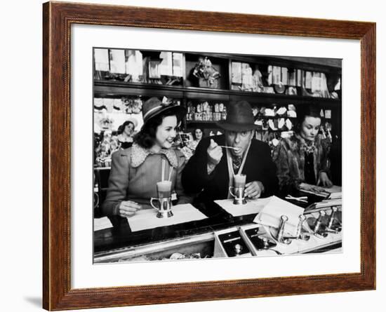 Deanna Durbin having Ice Cream Soda at Counter with Eddie Cantor During Visit to the City-Alfred Eisenstaedt-Framed Premium Photographic Print