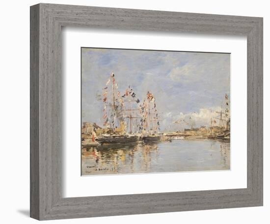 Deauville, Flag-Decked Ships in the Inner Harbour, 1896 (Oil on Panel)-Eugene Louis Boudin-Framed Giclee Print