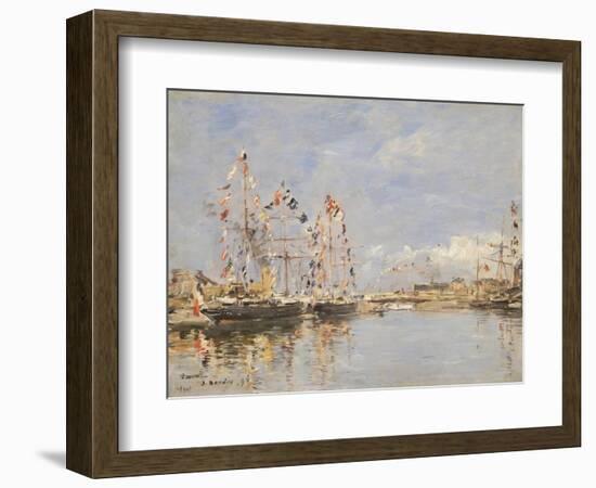 Deauville, Flag-Decked Ships in the Inner Harbour, 1896 (Oil on Panel)-Eugene Louis Boudin-Framed Giclee Print