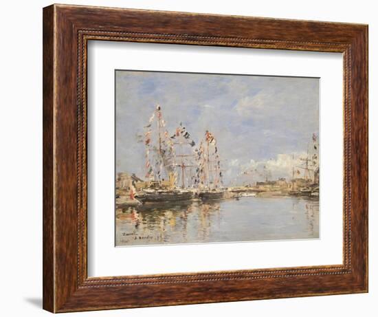 Deauville, Flag-Decked Ships in the Inner Harbour, 1896 (Oil on Panel)-Eugene Louis Boudin-Framed Giclee Print