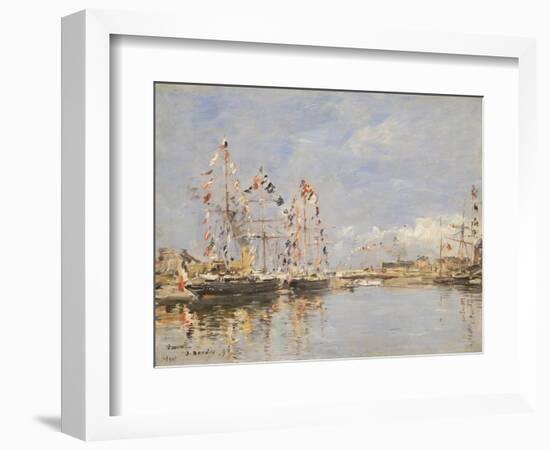 Deauville, Flag-Decked Ships in the Inner Harbour, 1896 (Oil on Panel)-Eugene Louis Boudin-Framed Giclee Print