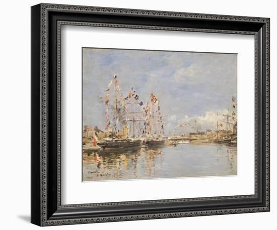 Deauville, Flag-Decked Ships in the Inner Harbour, 1896 (Oil on Panel)-Eugene Louis Boudin-Framed Giclee Print