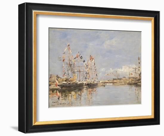 Deauville, Flag-Decked Ships in the Inner Harbour, 1896 (Oil on Panel)-Eugene Louis Boudin-Framed Giclee Print