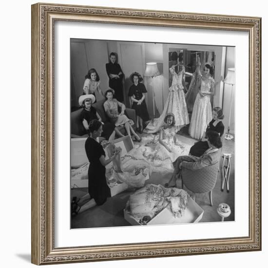 Debs of Omaha Aspire to be Queen: Last Years Queen and Her Court Look over Ballgowns-Herbert Gehr-Framed Photographic Print