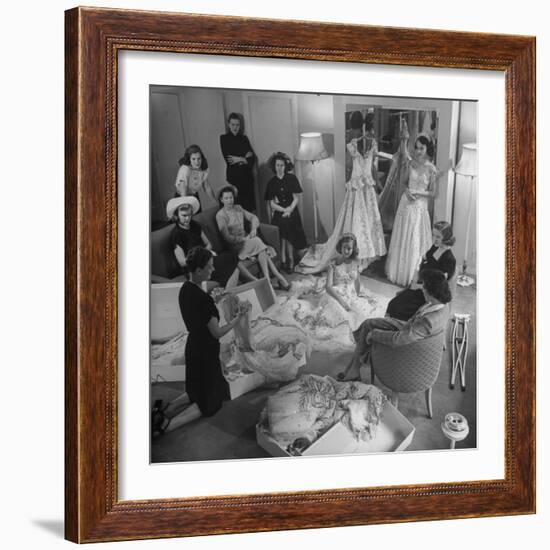 Debs of Omaha Aspire to be Queen: Last Years Queen and Her Court Look over Ballgowns-Herbert Gehr-Framed Photographic Print