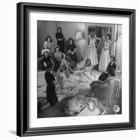 Debs of Omaha Aspire to be Queen: Last Years Queen and Her Court Look over Ballgowns-Herbert Gehr-Framed Photographic Print