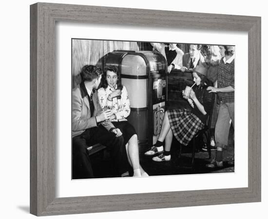 Debutantes with Dates at Local Malt Shop, Drinking Milkshakes-William C^ Shrout-Framed Photographic Print