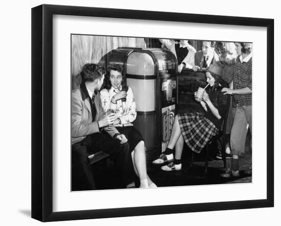 Debutantes with Dates at Local Malt Shop, Drinking Milkshakes-William C^ Shrout-Framed Photographic Print