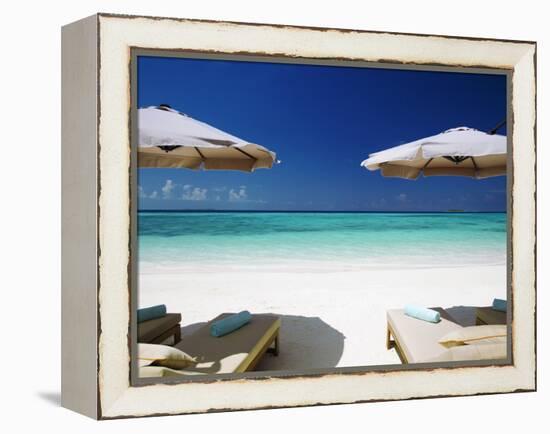 Deck Chairs and Tropical Beach, Maldives, Indian Ocean, Asia-Sakis Papadopoulos-Framed Premier Image Canvas