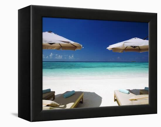 Deck Chairs and Tropical Beach, Maldives, Indian Ocean, Asia-Sakis Papadopoulos-Framed Premier Image Canvas