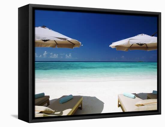 Deck Chairs and Tropical Beach, Maldives, Indian Ocean, Asia-Sakis Papadopoulos-Framed Premier Image Canvas