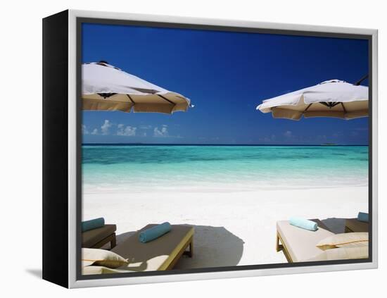 Deck Chairs and Tropical Beach, Maldives, Indian Ocean, Asia-Sakis Papadopoulos-Framed Premier Image Canvas