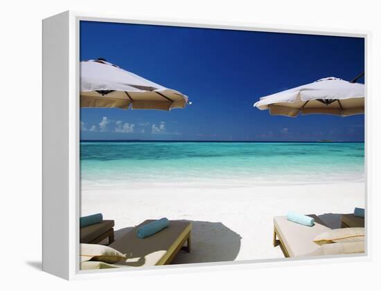 Deck Chairs and Tropical Beach, Maldives, Indian Ocean, Asia-Sakis Papadopoulos-Framed Premier Image Canvas